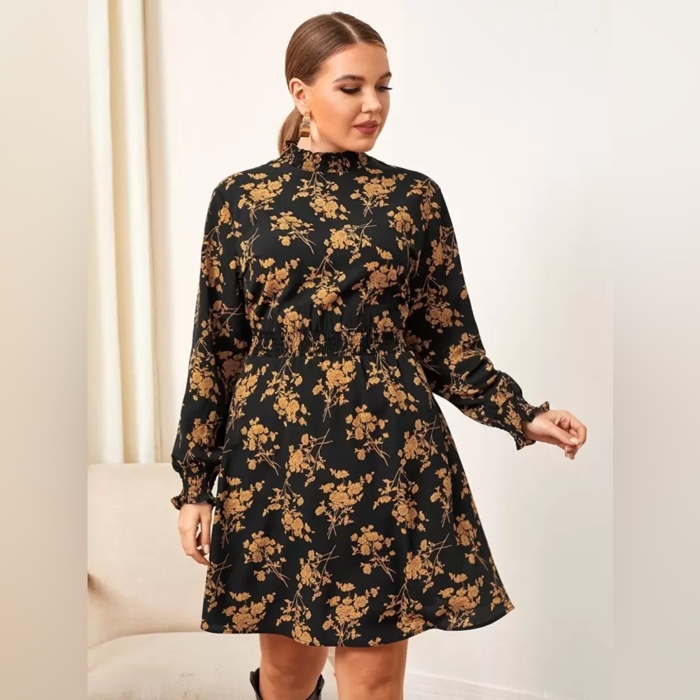SHEIN | Floral Black and Gold Long Sleeve Dress